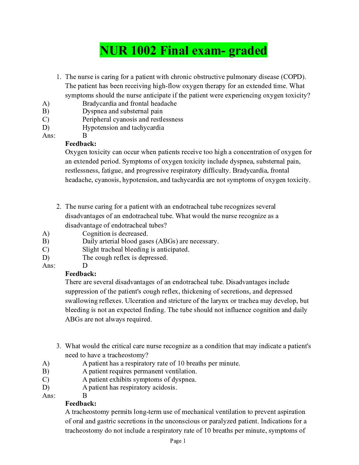 Preview image of NUR 1002 Final exam- graded document